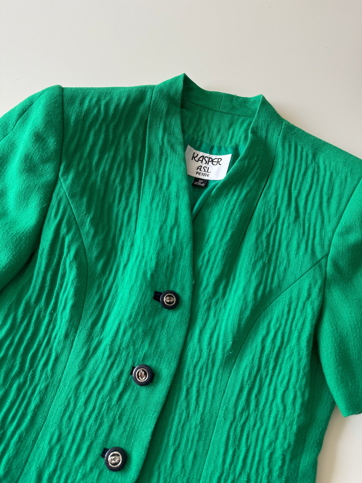 Blazer verde, manga corta, Talla 8P, M, Mujer