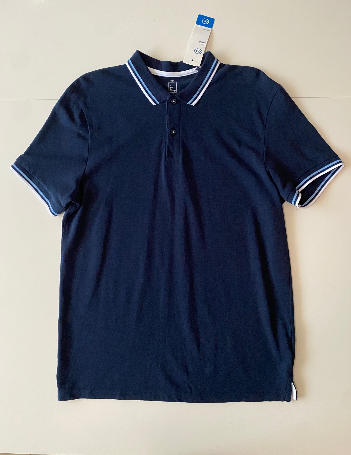 Polo azul con cuello decorado, Talla M (Slim Fit), Hombre