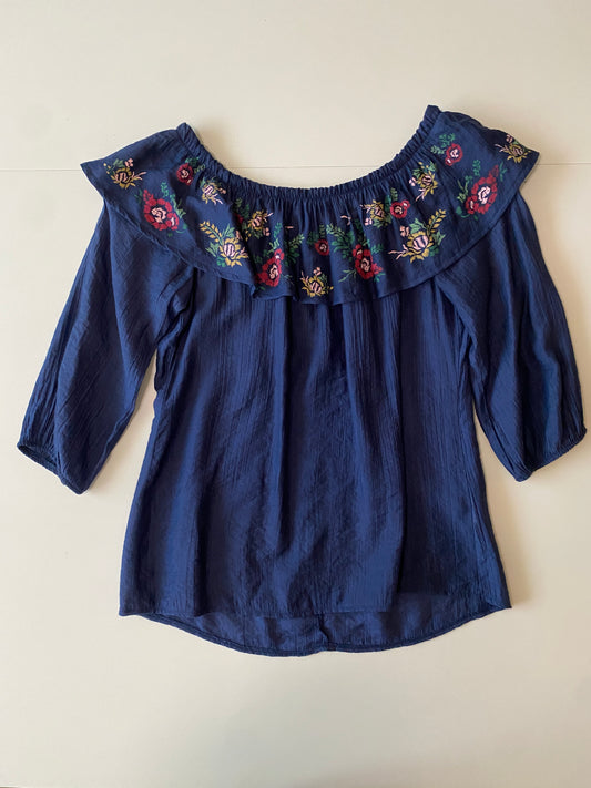 Blusa campesina azul, Talla S, Mujer