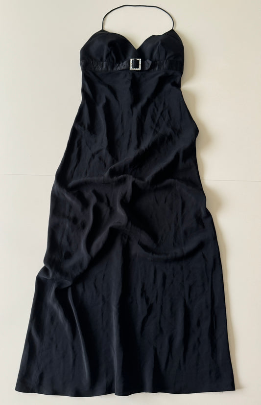 Vestido fiesta negro con cinturon decorado, Talla 2, S, Mujer