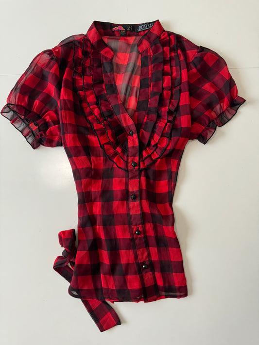 Blusa traslucida de cuadros, Talla S, Mujer