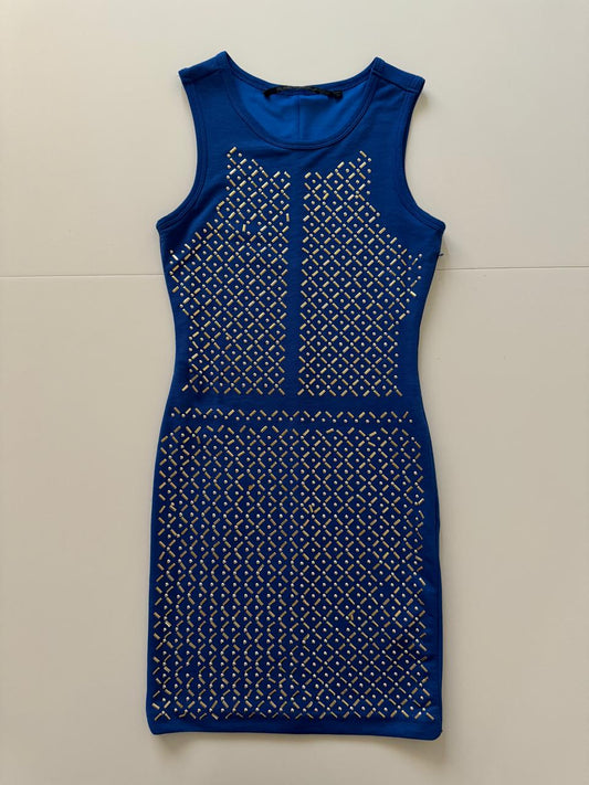 Vestido azul con aplicaciones metalicas, Talla XS, Mujer