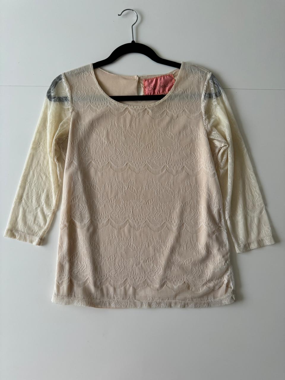 Blusa de encaje beige, Talla S, Mujer