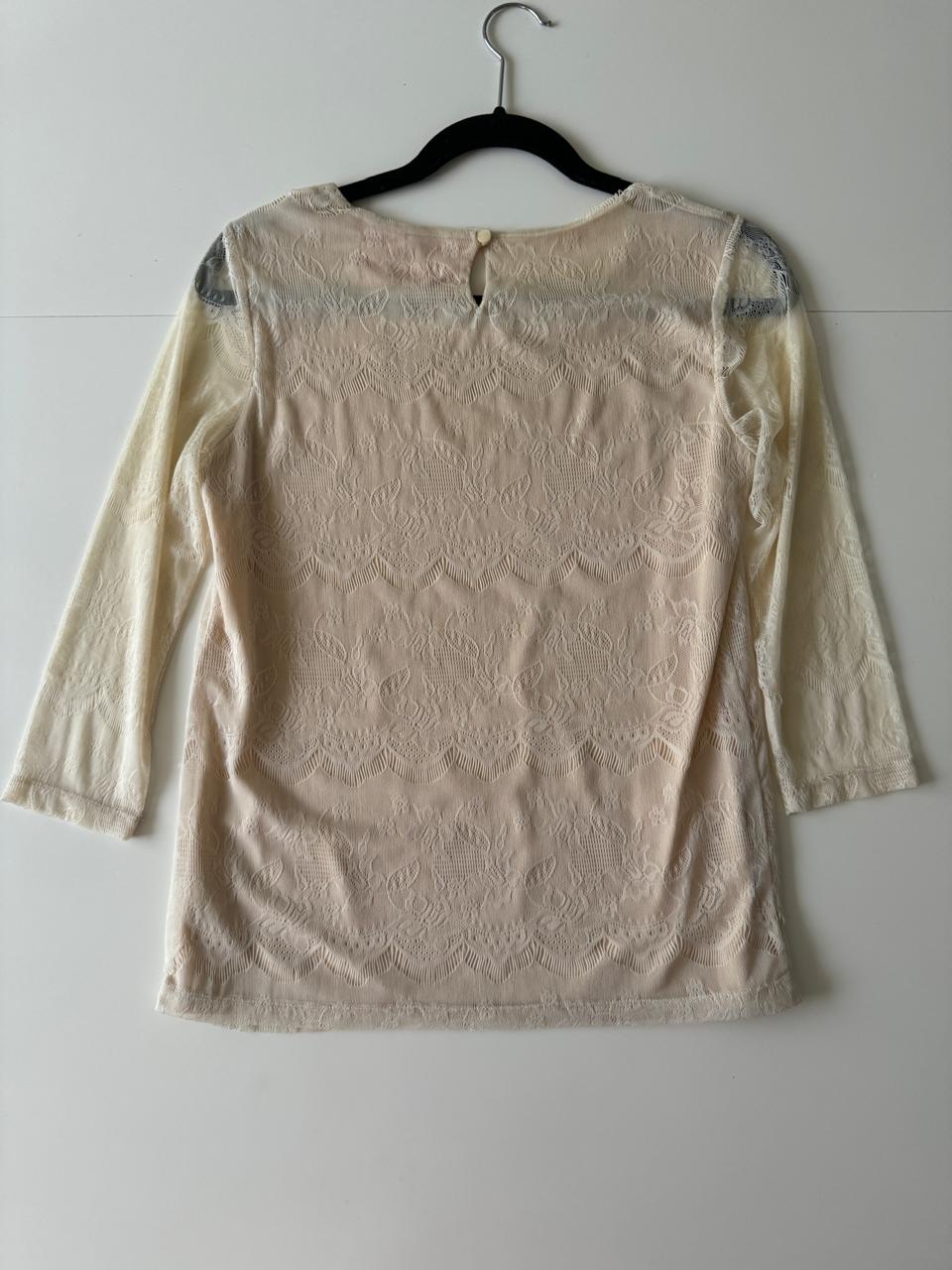 Blusa de encaje beige, Talla S, Mujer