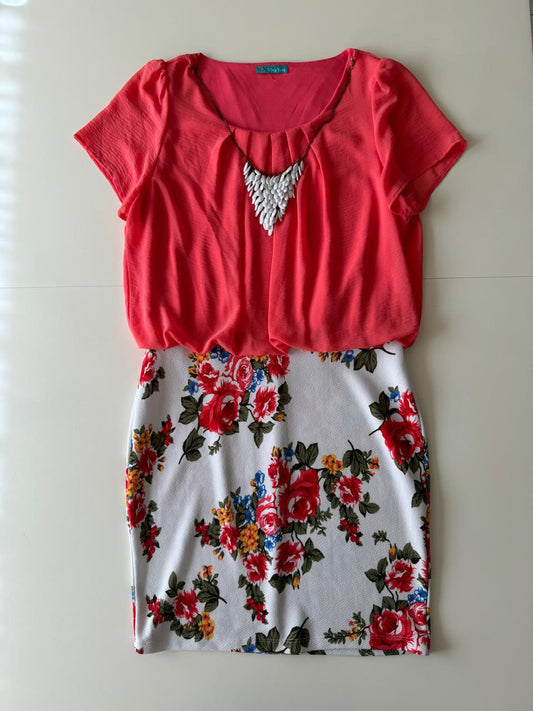 Vestido con falda estampada y collar incluido, Talla L, Mujer