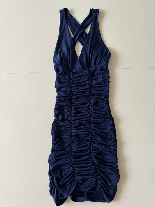 Vestido azul drapeado, Talla S, Mujer