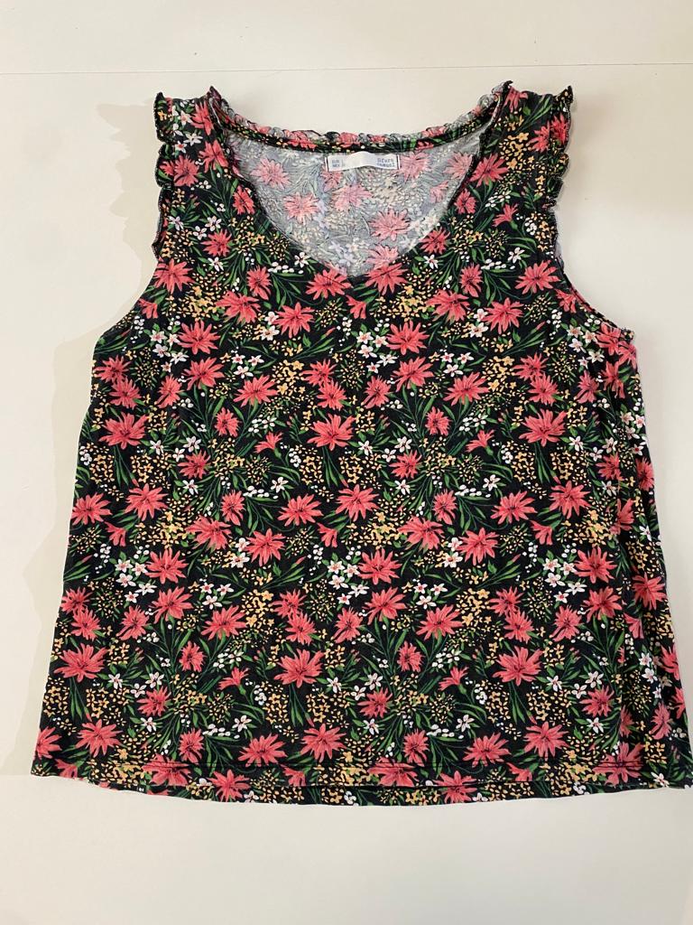 Blusa sin mangas estampada flores, Talla L, Mujer