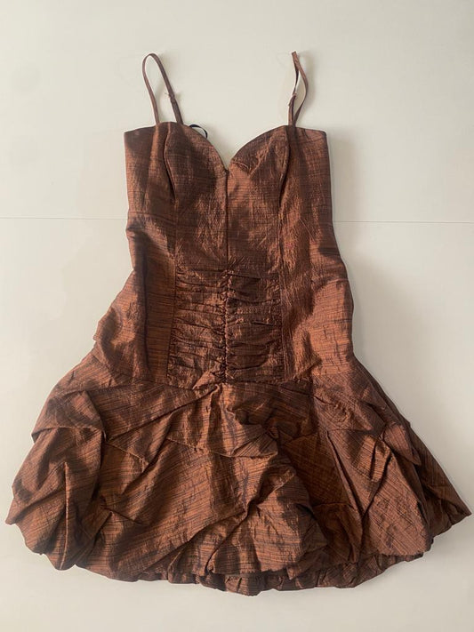 Vestido café, falda de globo, Talla 2, M, Mujer