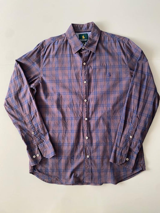 Camisa cafe cuadros, Talla L, Slim Fit, Hombre