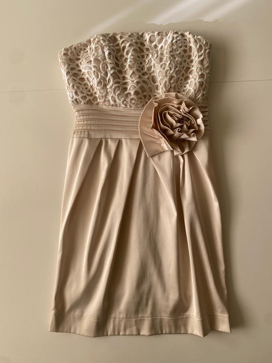 Vestido strapless de cocktail beige, Talla S, Mujer