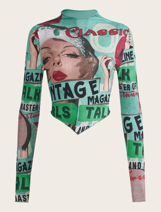 Camiseta manga larga estampado vintage, Talla XS, Mujer